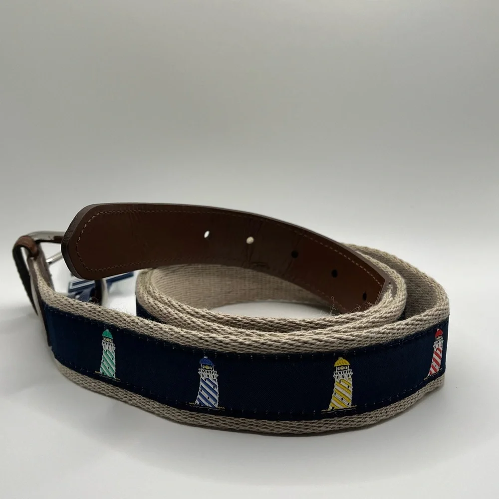 NEW Crown & Ivy JAAK‎ Khaki Canvas Belt Navy Lighthouse Embroidery XL NWT 42-44